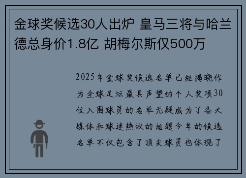 金球奖候选30人出炉 皇马三将与哈兰德总身价1.8亿 胡梅尔斯仅500万