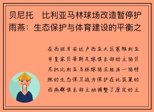 贝尼托・比利亚马林球场改造暂停护雨燕：生态保护与体育建设的平衡之道